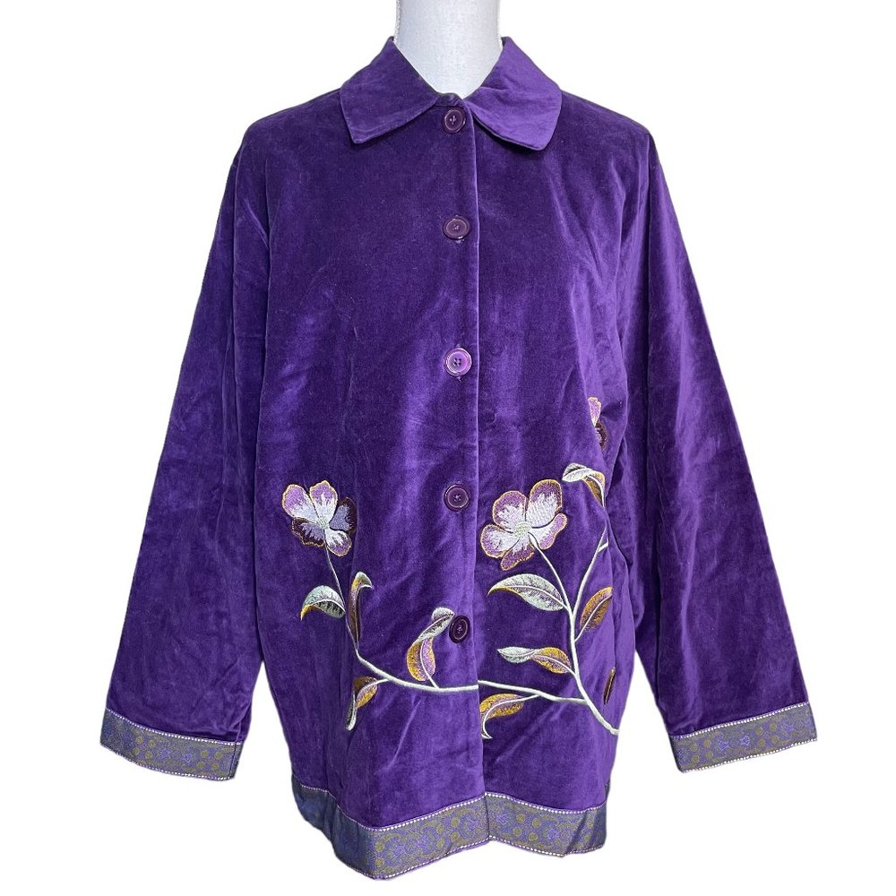 Velvet Floral Embroidered Jacket NEW M Royal Purple Boxy Oversized Button-up